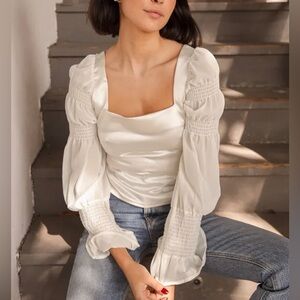 Lulu's Style Streak Ivory Satin Square Neck Tie-Back Long Sleeve Top Size XS